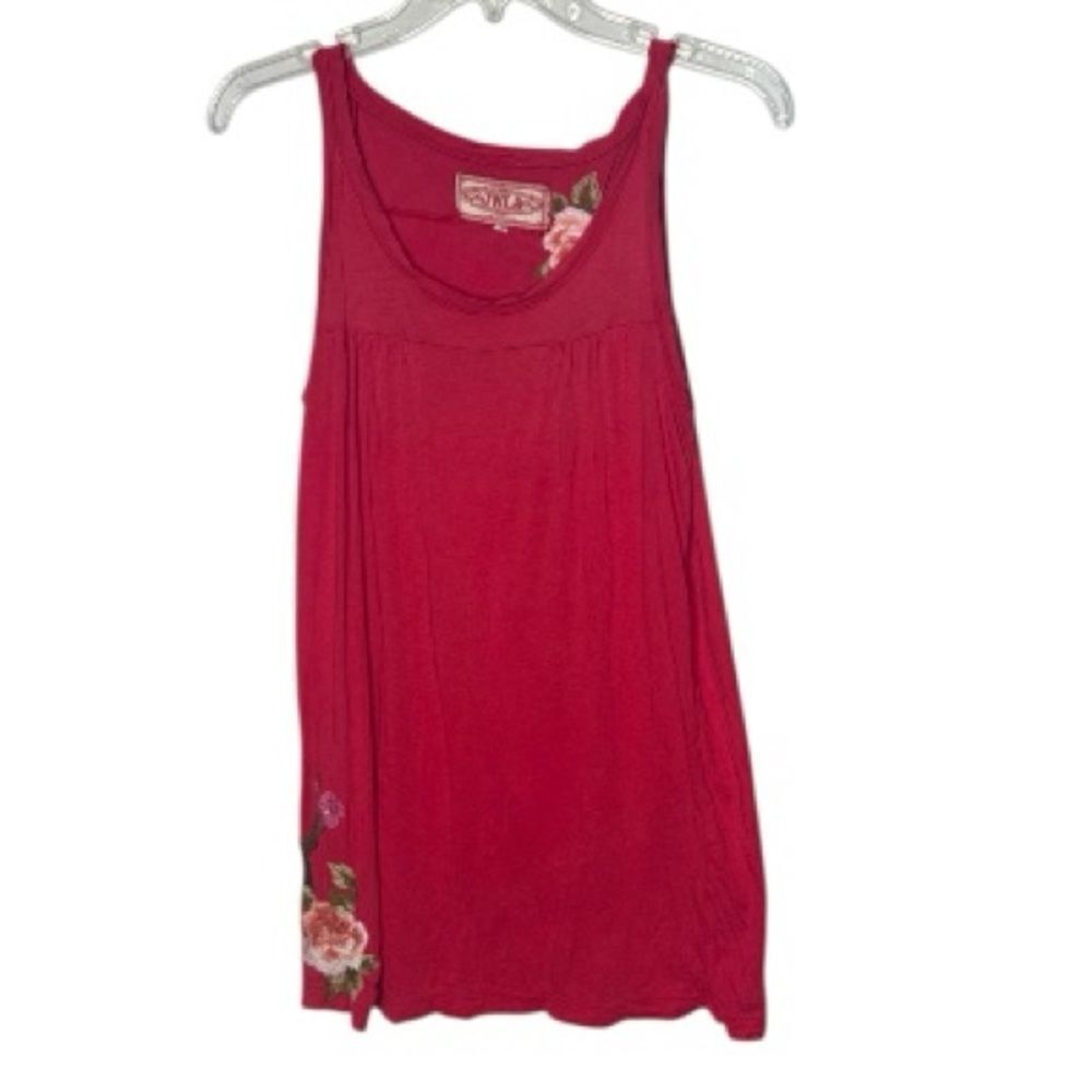 Johnny Was Vibrant Red Tank Top with‎ Embroidered Floral Accents. Size Small.